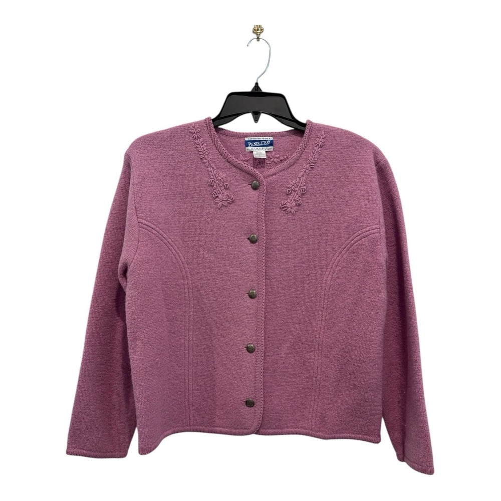 Pendleton‎ Sweater Women Large 100% Wool Cardigan Lavender Embroidered Button Up
